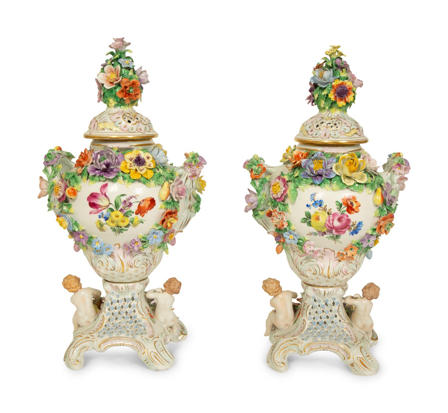 A Pair of Dresden Porcelain Floral Encrusted Urns — 20TH CENTURY