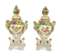 A Pair of Dresden Porcelain Floral Encrusted Urns — 20TH CENTURY