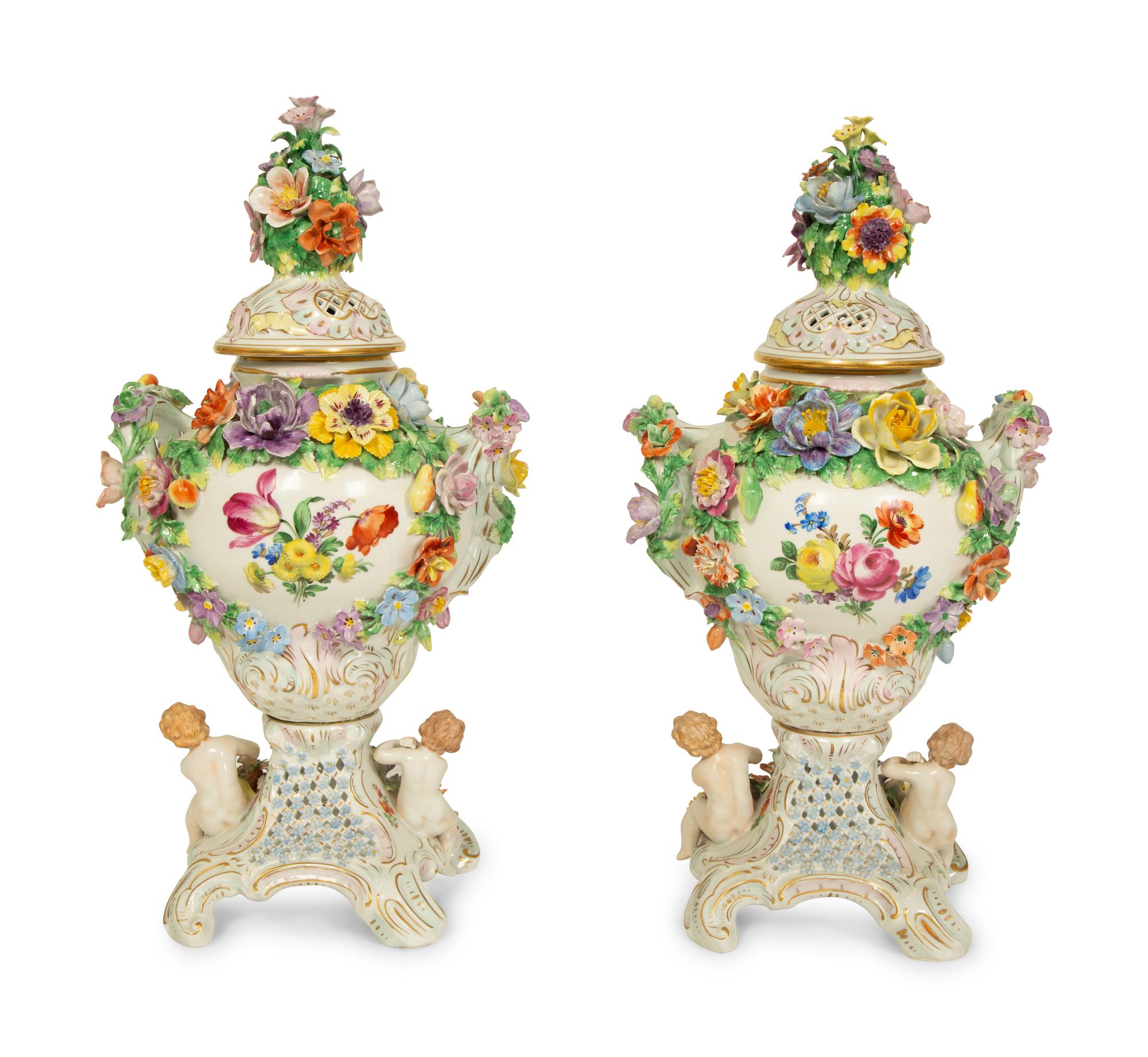 A Pair of Dresden Porcelain Floral Encrusted Urns — 20TH CENTURY