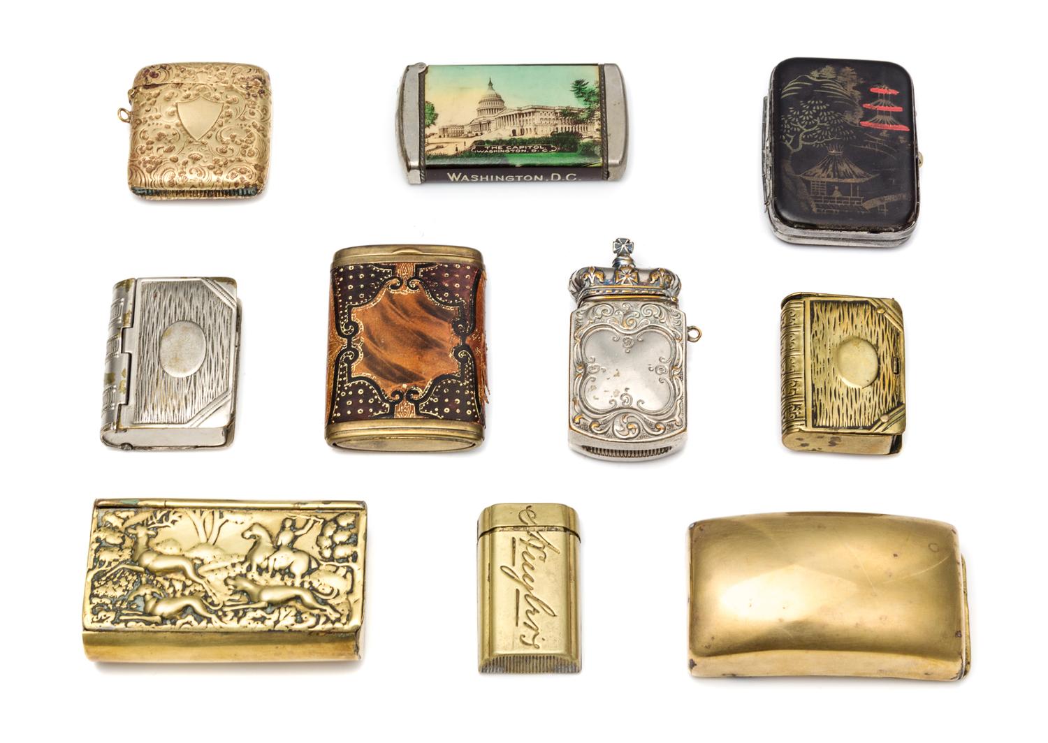 A Collection of Ten Mixed-Metal Boxes, Various Makers, comprising five vesta cases, three snuff boxes and two smaller snuff boxes in th