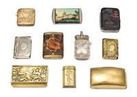 A Collection of Ten Mixed-Metal Boxes, Various Makers, comprising five vesta cases, three snuff boxes and two smaller snuff boxes in th