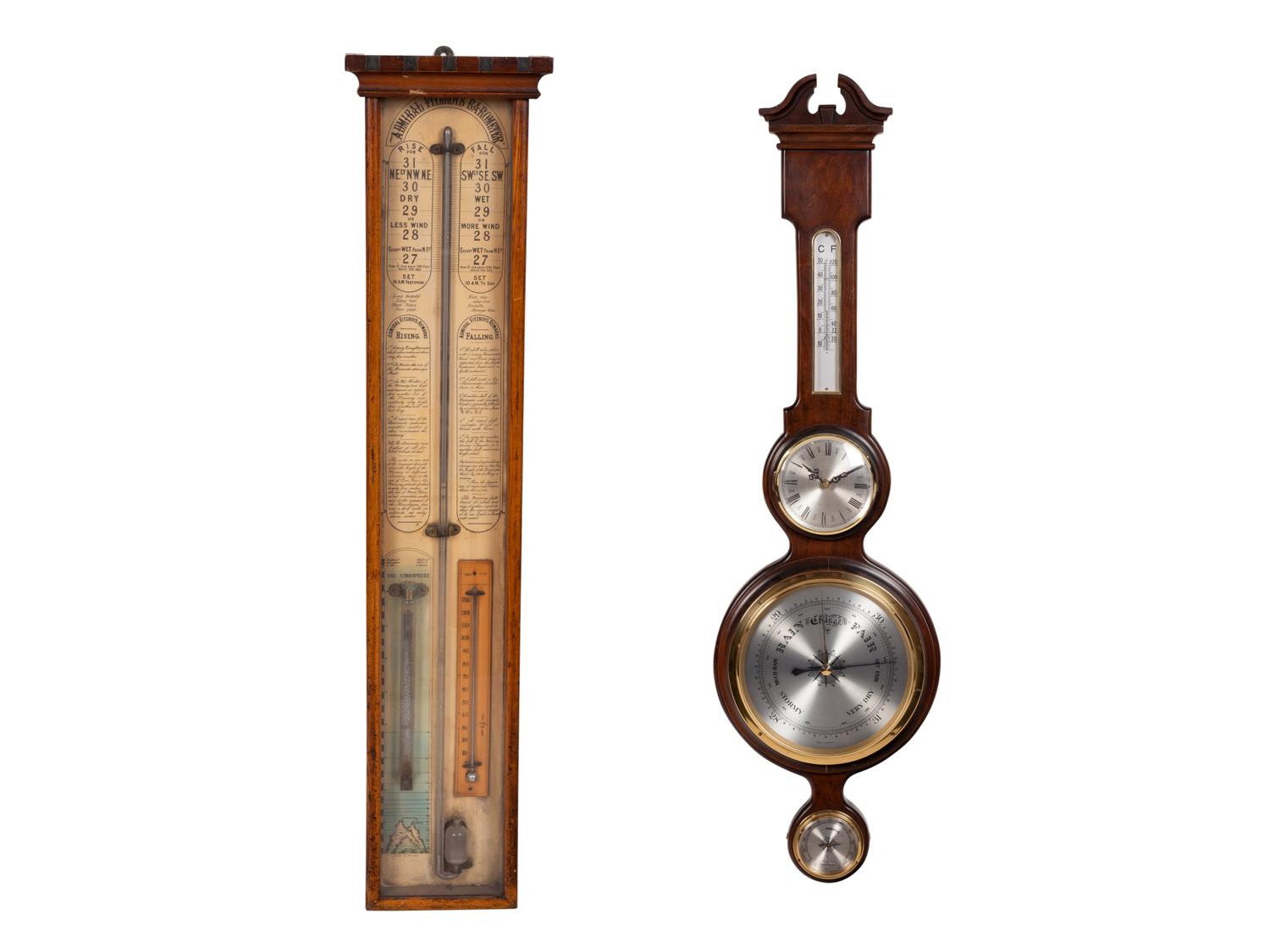 An Admiral Fitzroy Mahogany Barometer and a Modern English Mahogany Clock with Barometer
