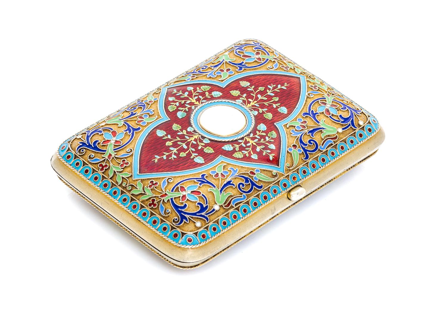 A Russian Silver-Gilt and Guilloche Enamel Cigarette Case, Mark of Grachev with Imperial warrant, St. Petersburg, the lid having a tran