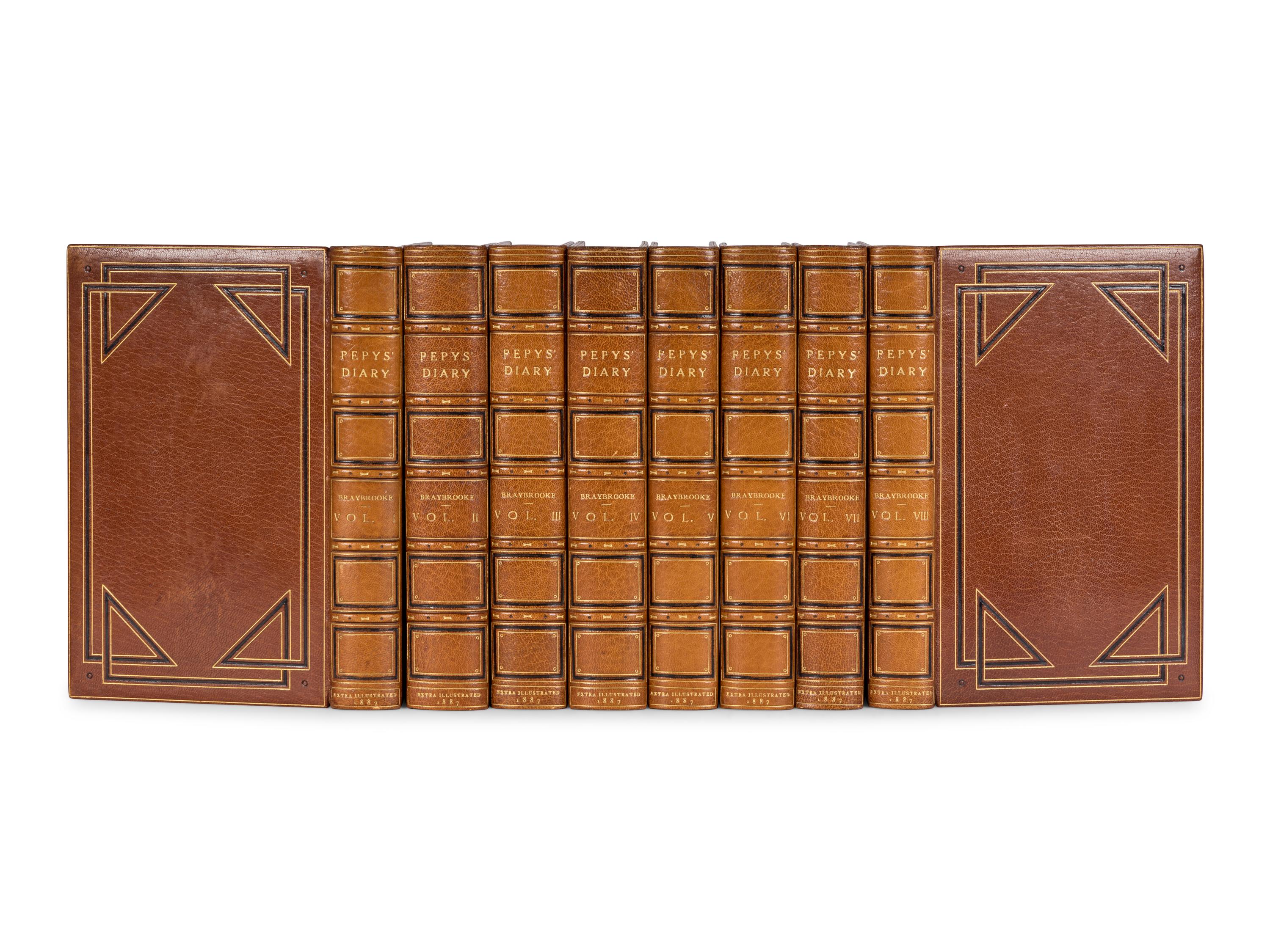 [BINDINGS]. PEPYS, Samuel (1633-1703). Diary and Correspondence of Samuel Pepys... The Diary Deciphered by the Rev. J. Smith... Life and Notes by Rochard, Lord Braybrooke . Richard Lord Braybrooke, editor. London: John Bumpus, 1887.