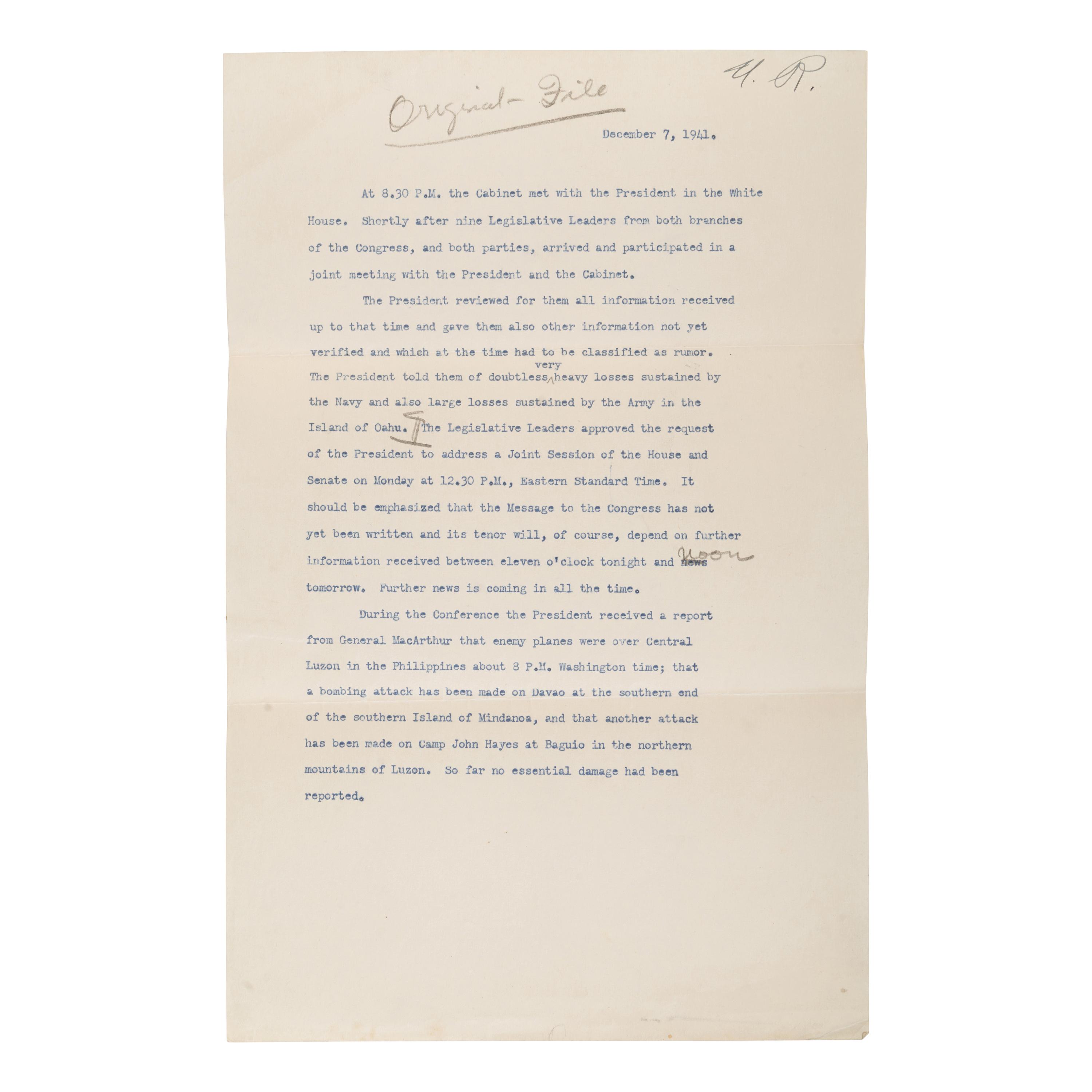[WWII]. A small archive of official White House documents from the files of White House secretary Myrtle Bergheim, relating to the attack on Pearl Harbor and other pre- and postwar events, comprising: