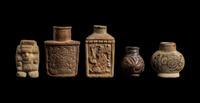 Four Maya Vessels with Glyphs and One Standing Figure