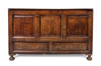 An English Oak Mule Chest Height 32 7/8 x width 52 1/4 x depth 21 1/8 inches. — 17TH CENTURY AND LATER