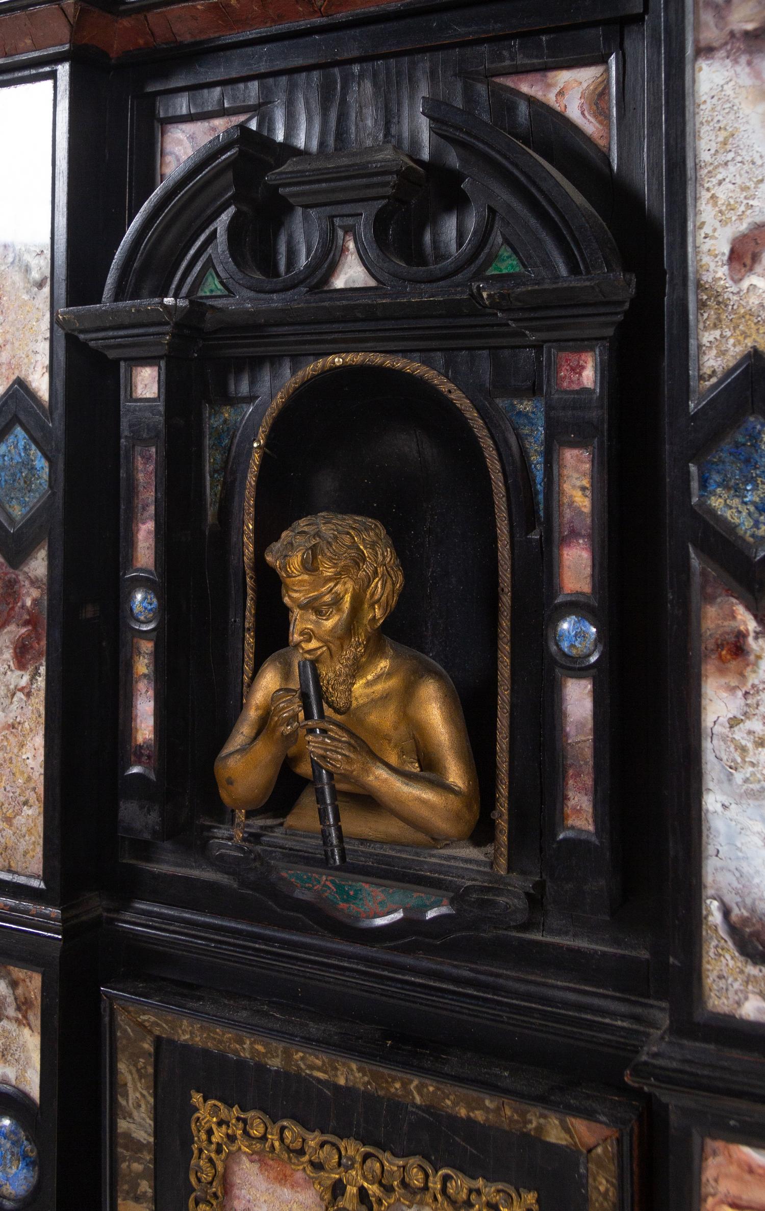 A Florentine Style Gilt Bronze and Specimen Marble-Mounted Ebonized Cabinet on Stand