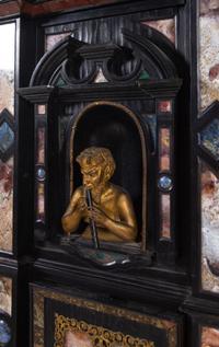 A Florentine Style Gilt Bronze and Specimen Marble-Mounted Ebonized Cabinet on Stand