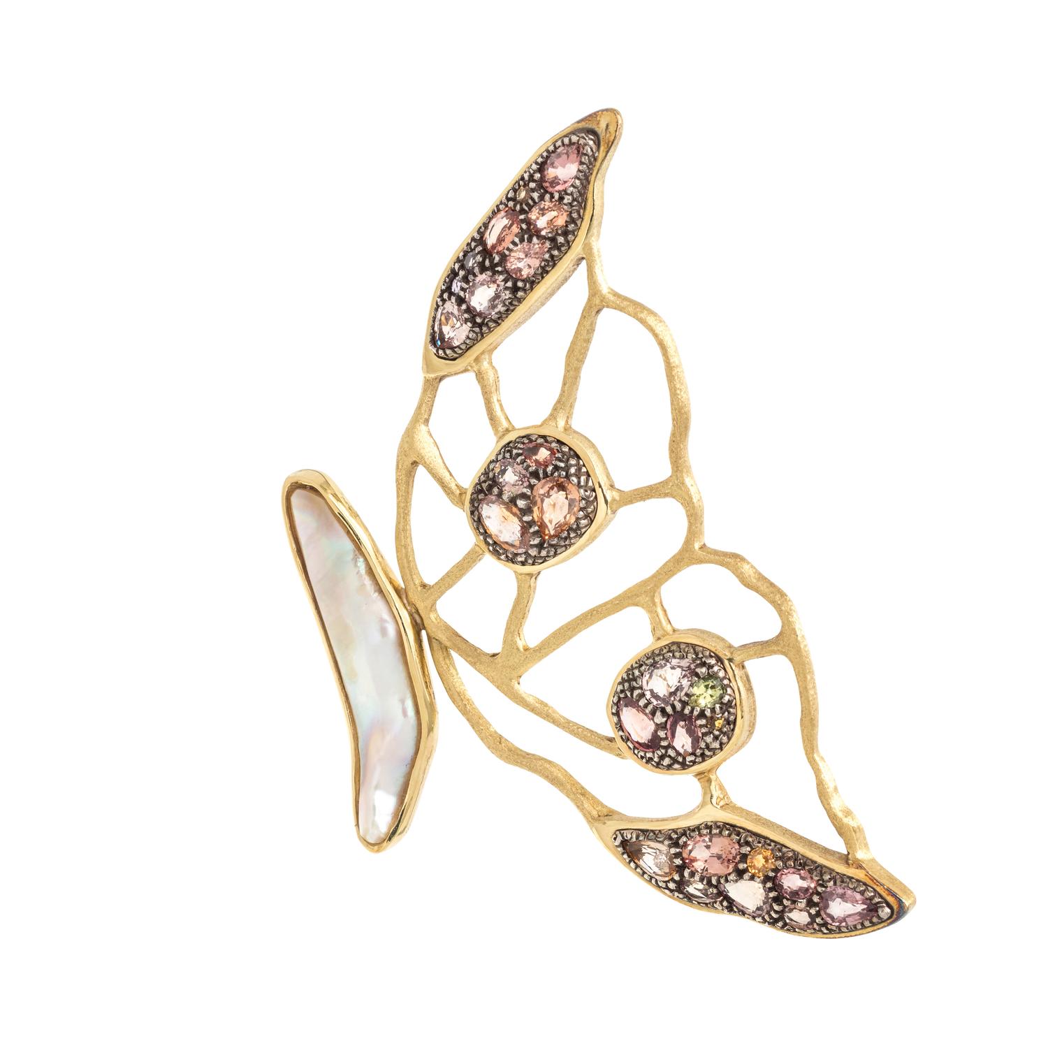 DOROTA, YELLOW GOLD, SAPPHIRE AND CULTURED PEARL BUTTERFLY MOTIF BROOCH