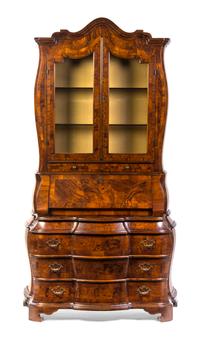 A Continental Burlwood Secretary Bookcase, Height 84 x width 47 x depth 20 inches.