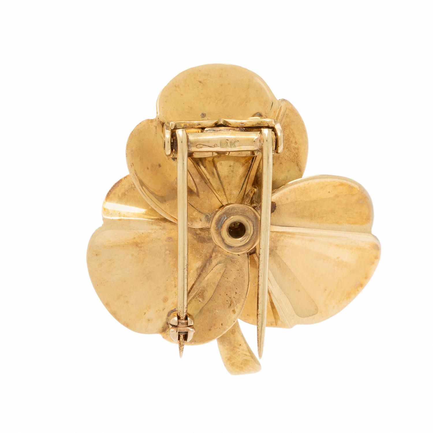 Yellow Gold, Ruby, and Diamond Clover Brooch