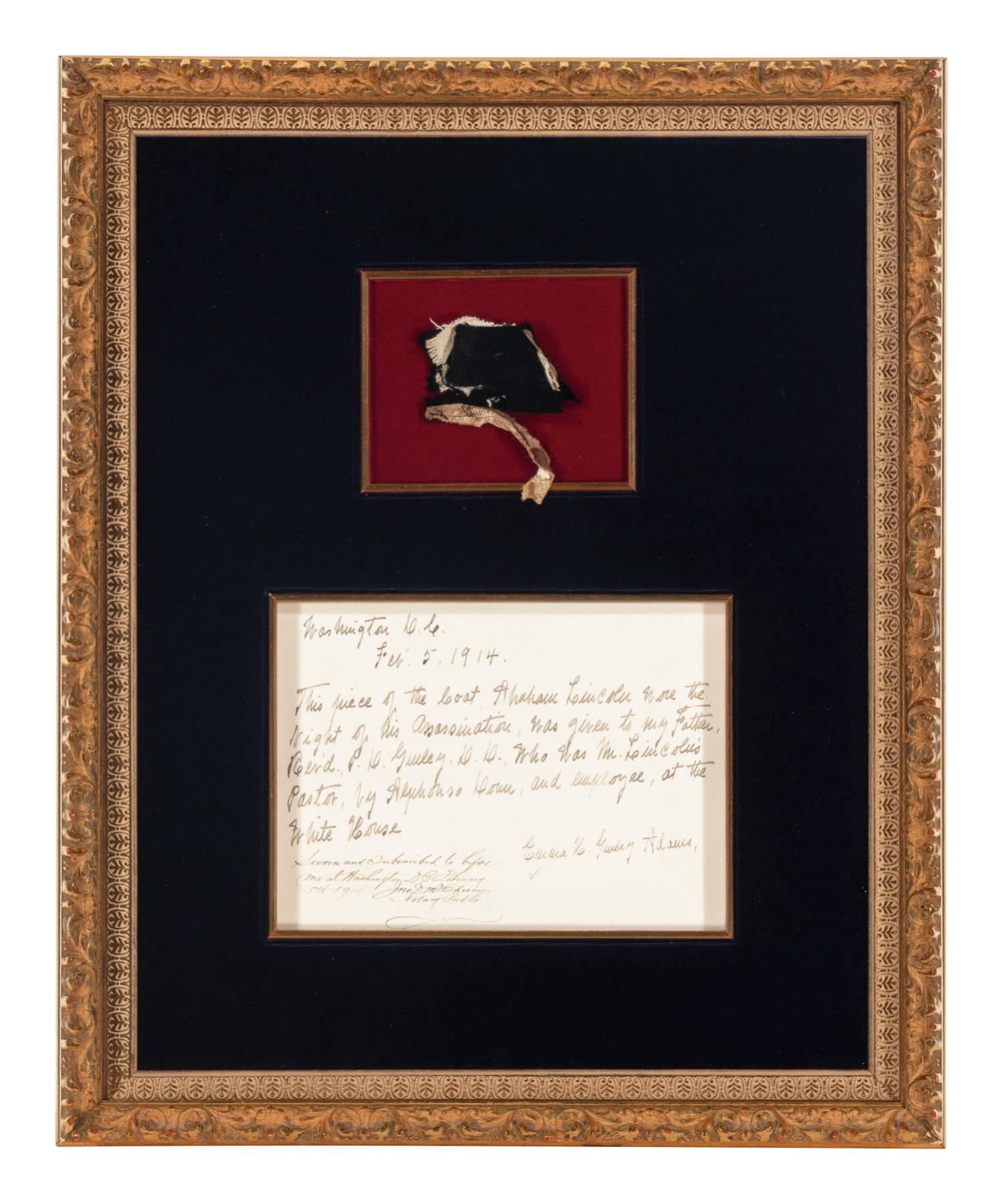 [LINCOLN ASSASSINATION]. A piece of President Abraham Lincoln's coat worn on the night of his assassination at Ford's Theatre, 14 April 1865.