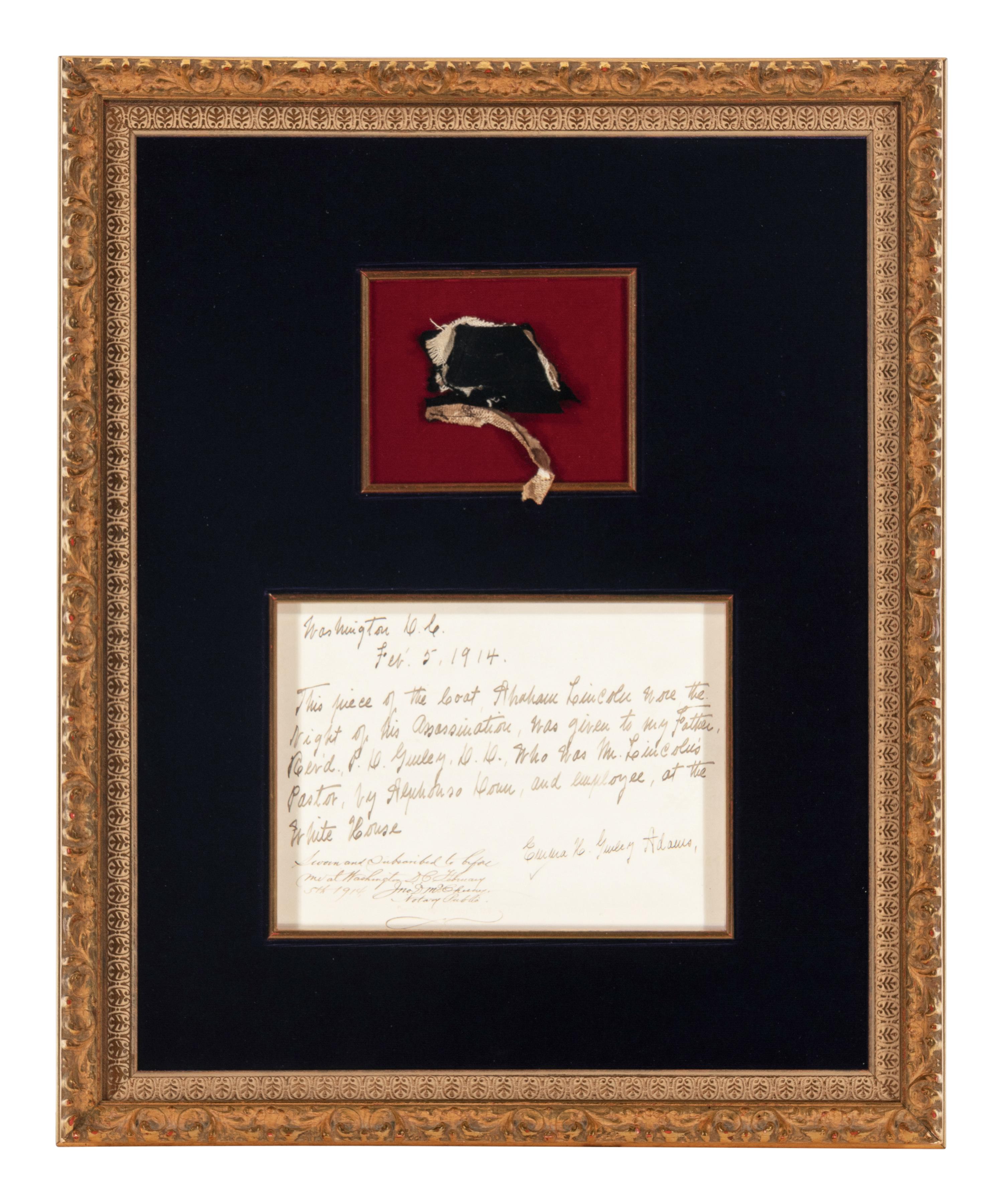 [LINCOLN ASSASSINATION]. A piece of President Abraham Lincoln's coat worn on the night of his assassination at Ford's Theatre, 14 April 1865.