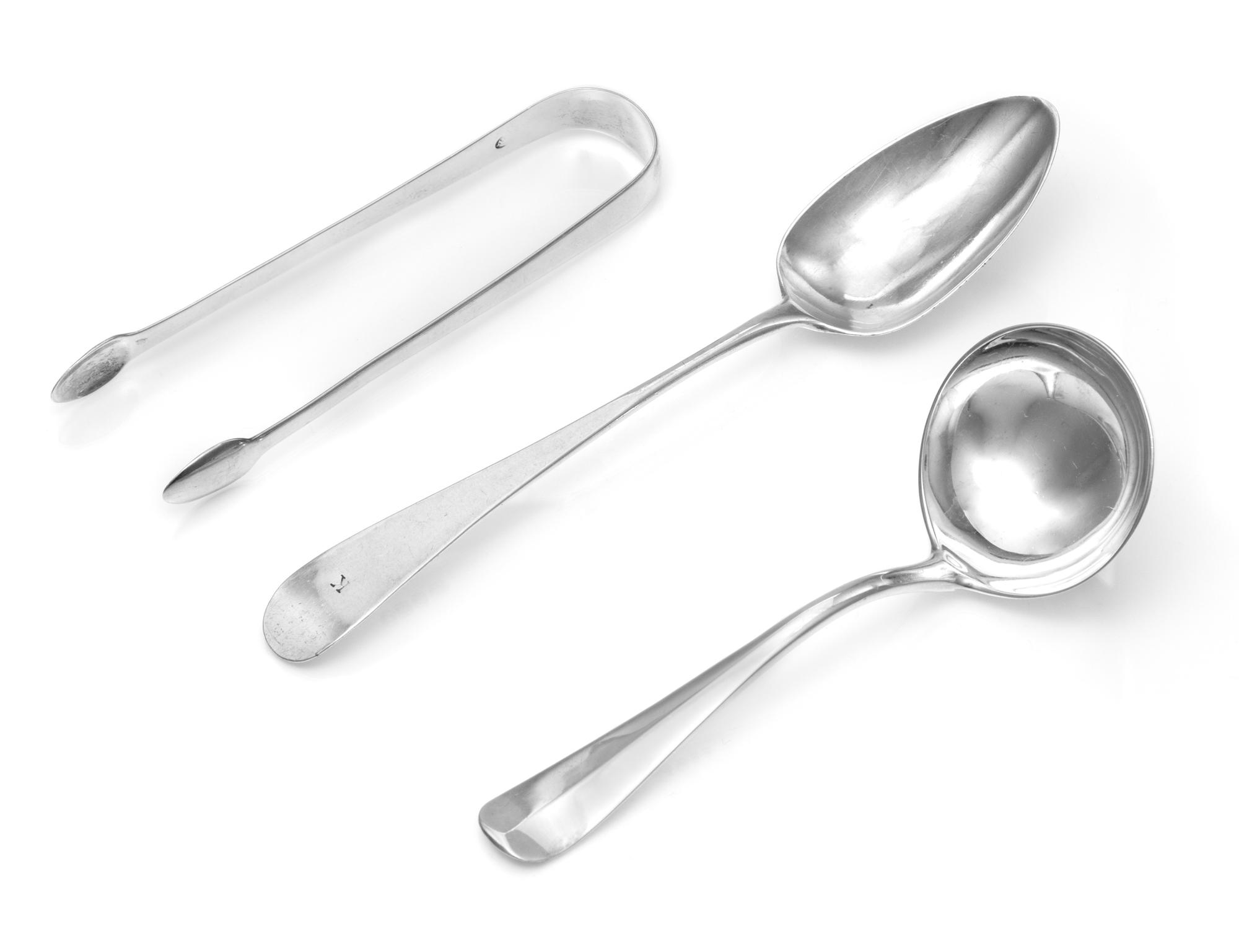 A Group of Three English Silver Flatware Articles, Various Makers, comprising a George III table spoon, London, 1803; a sauce ladle, Sp
