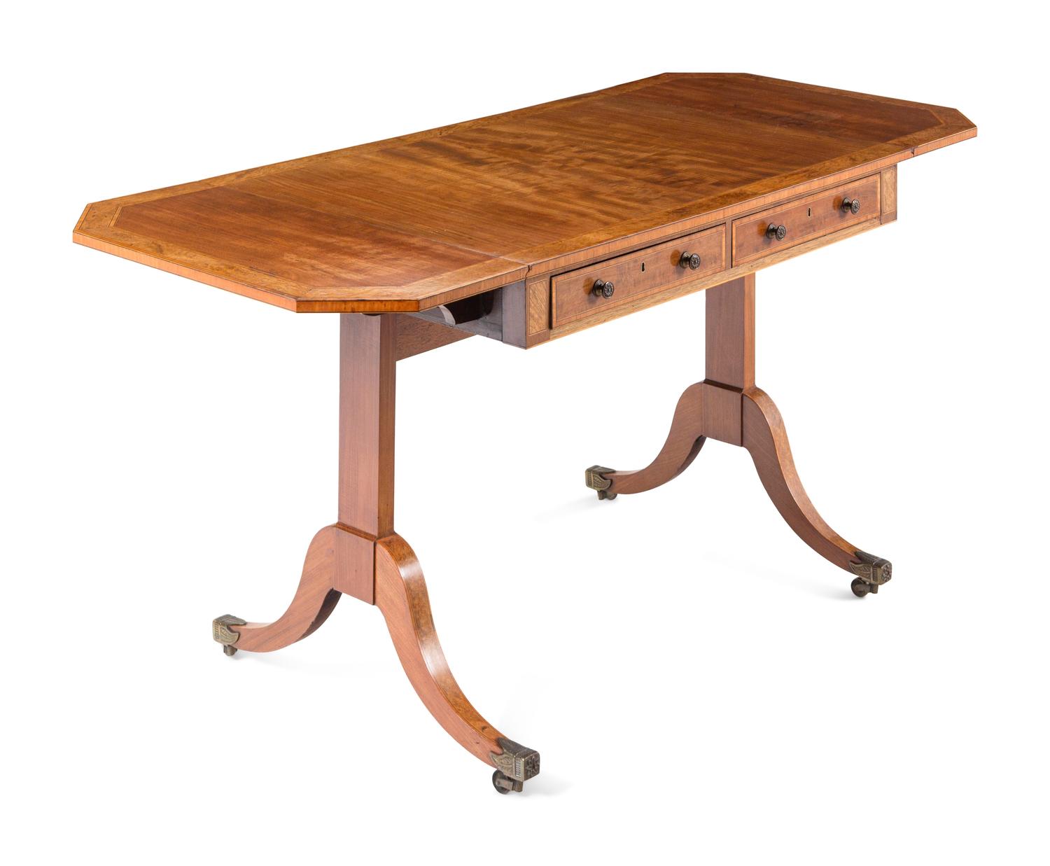 A George III Style Mahogany, Amboyna, Tulipwood and Satinwood Sofa Table