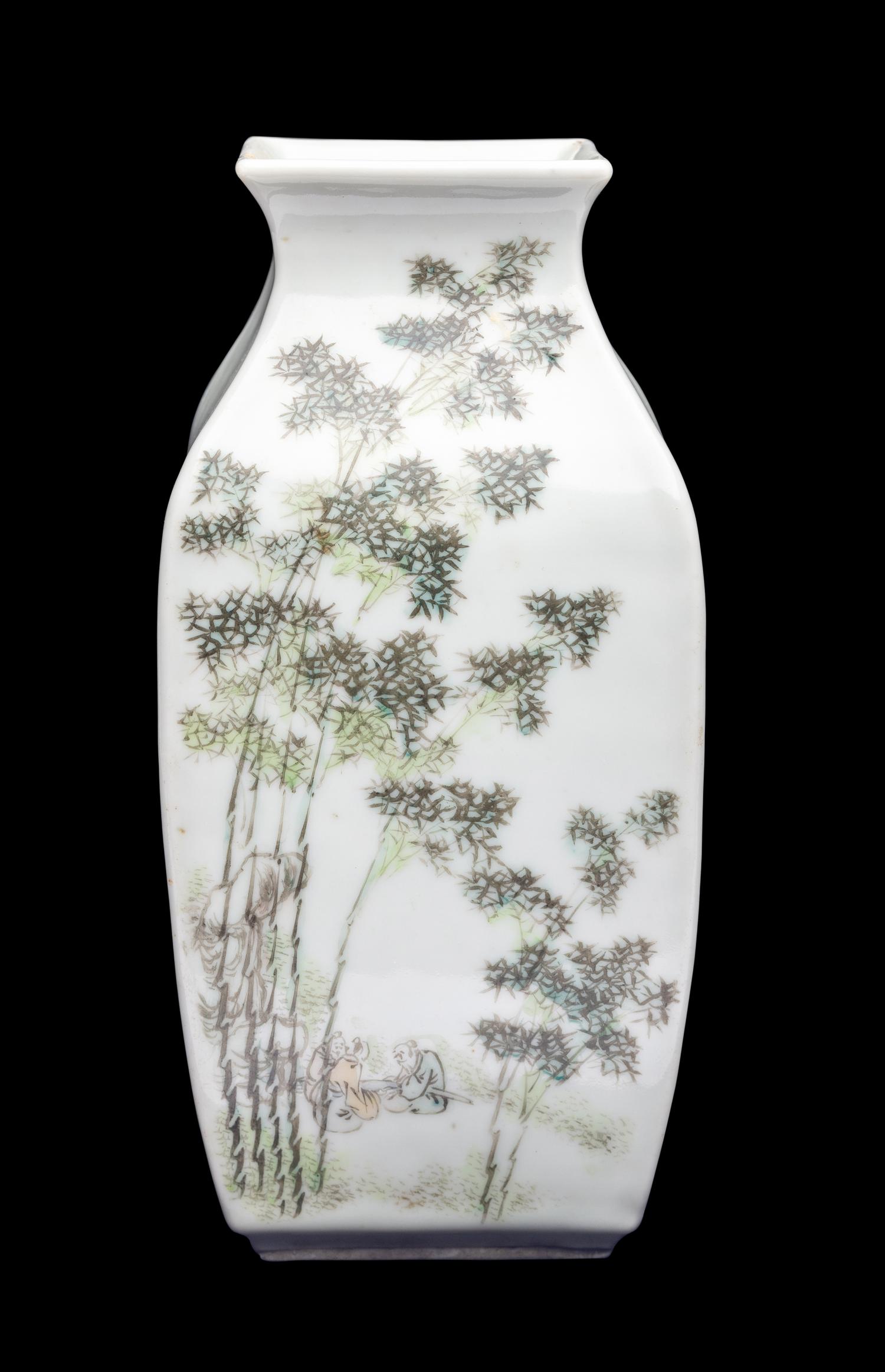 A Chinese Grisaille Decorated Porcelain 'Bamboo and Landscape' Square Vase