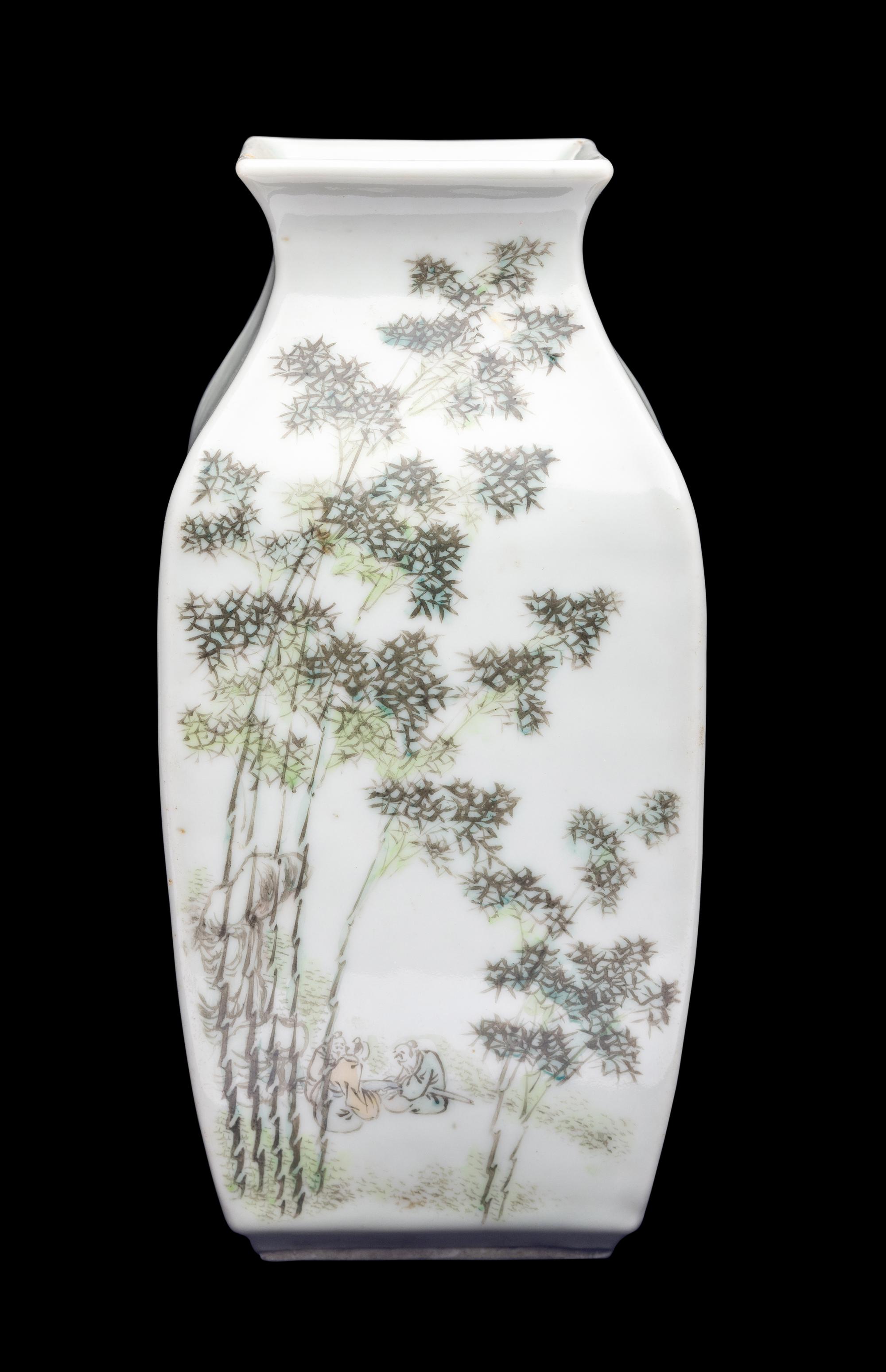 A Chinese Grisaille Decorated Porcelain 'Bamboo and Landscape' Square Vase