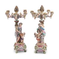 A Pair of Large German Porcelain Figural Six-Light Candelabra