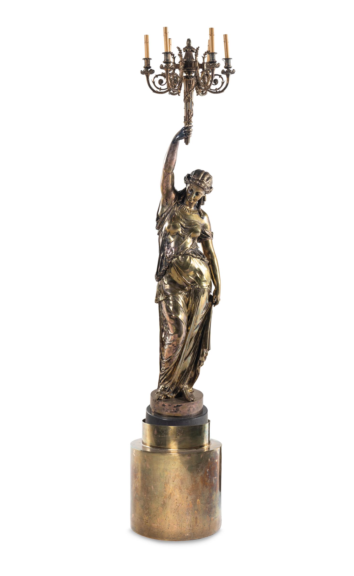 A Continental Silvered Bronze Figural Torchère