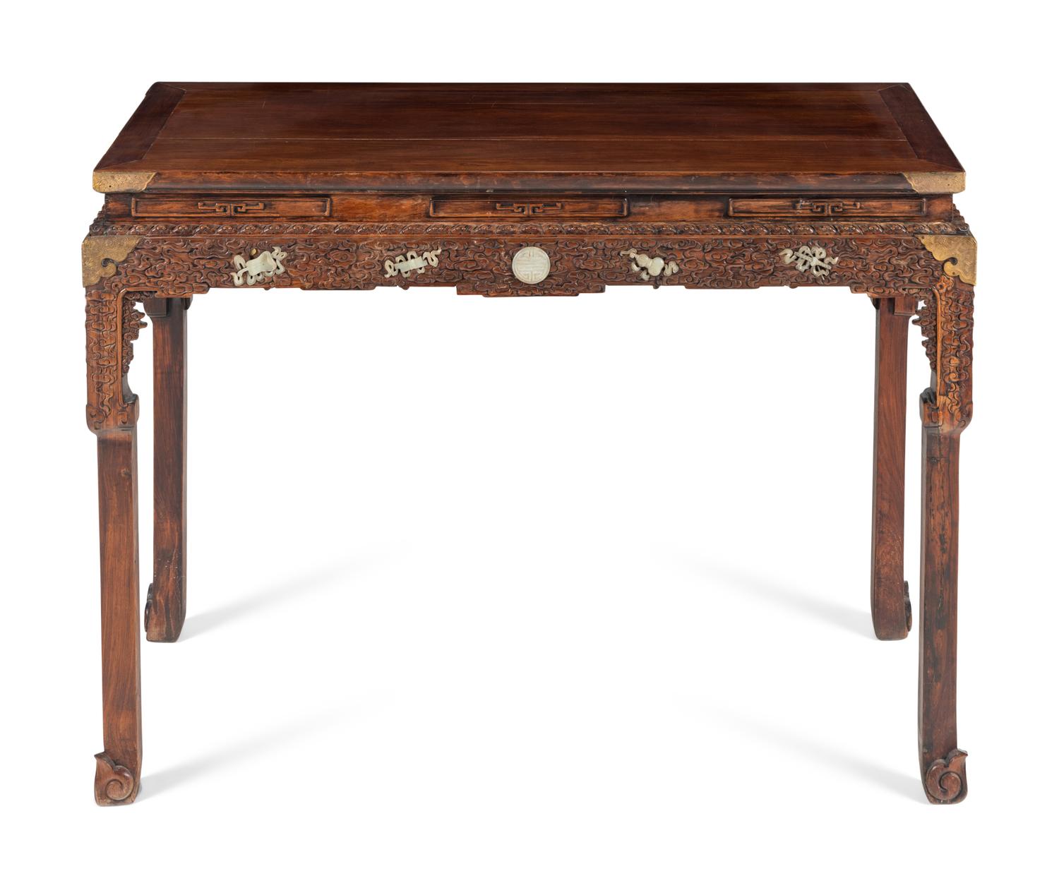 A Chinese Carved Hardwood and Celadon Nephrite Jade-Inset Console Table