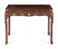 A Chinese Carved Hardwood and Celadon Nephrite Jade-Inset Console Table