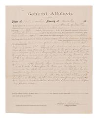 [ENSLAVEMENT]. South Carolina affidavit containing revised statement by former slave in reference to a deceased USCT soldier.