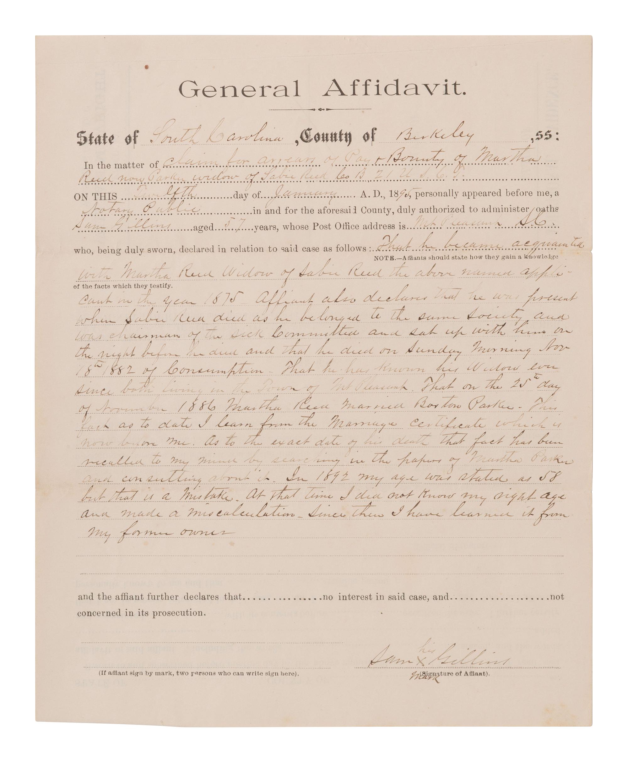 [ENSLAVEMENT]. South Carolina affidavit containing revised statement by former slave in reference to a deceased USCT soldier.