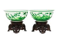 A Pair of Chinese Green Overlay White Peking Glass Bowls