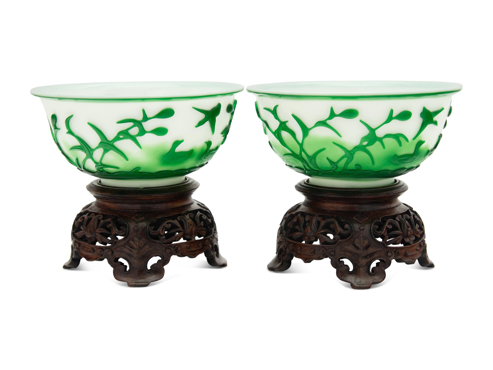 A Pair of Chinese Green Overlay White Peking Glass Bowls