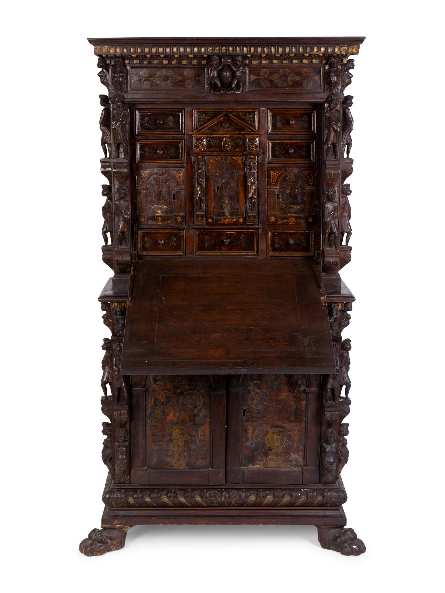 A Spanish Colonial Style Carved Oak and Painted Vargueno Cabinet on Base — 19TH CENTURY
