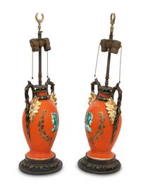 A Pair of French Painted Glass Vases Mounted as Lamps
