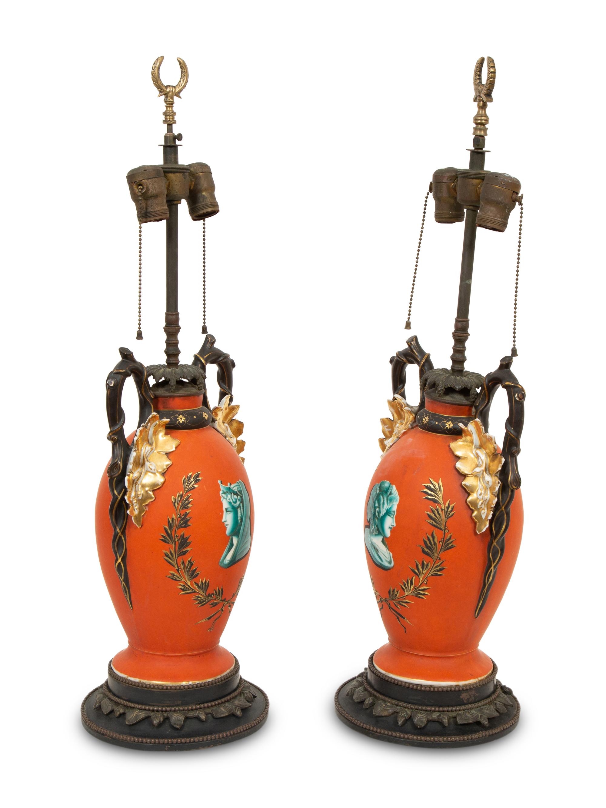 A Pair of French Painted Glass Vases Mounted as Lamps