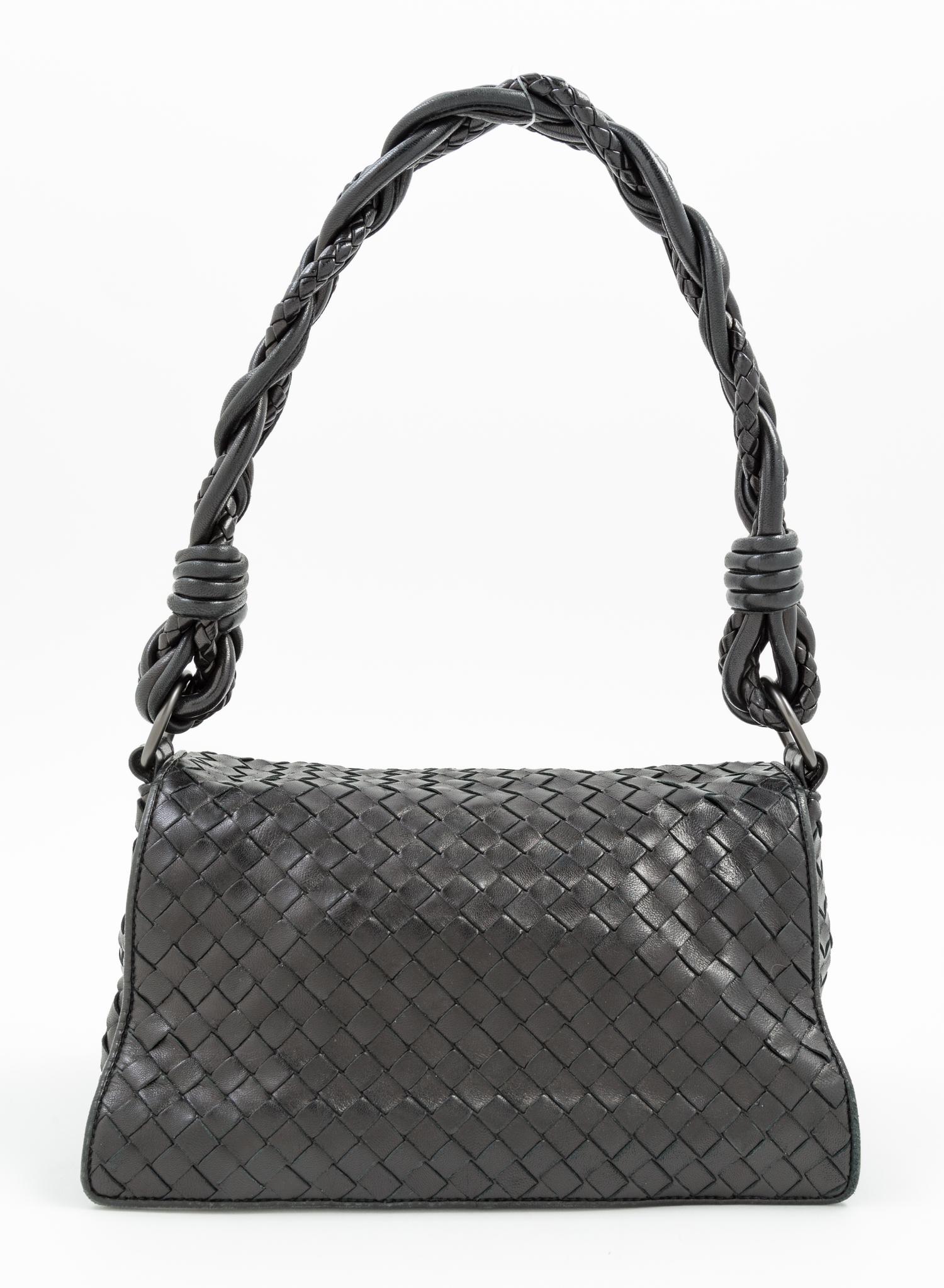 A Bottega Veneta Black Intrecciato Double Flap Handbag, 10" x 5" x 4"; Strap drop: 9".