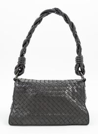 A Bottega Veneta Black Intrecciato Double Flap Handbag, 10" x 5" x 4"; Strap drop: 9".