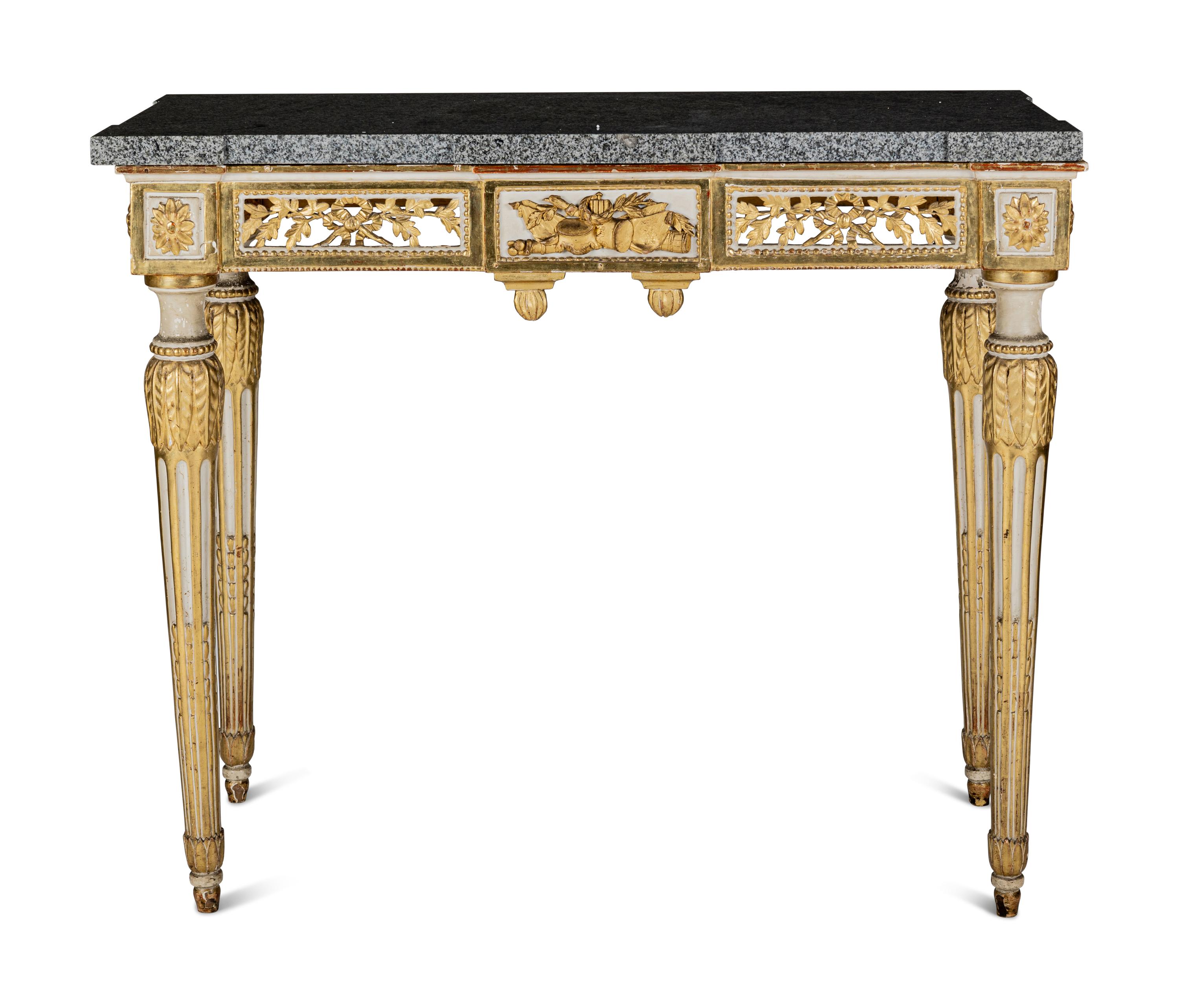 A Pair of North European Neoclassical Gilt and Cream-Painted Console Tables