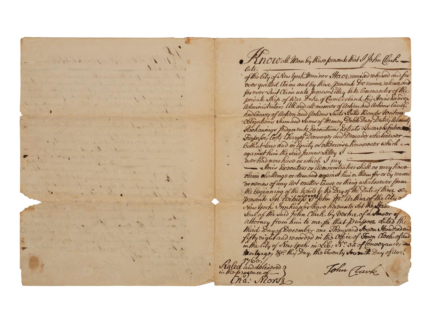 [FRENCH & INDIAN WAR] -- [PRIVATEERS]. A group of 5 documents associated with New York Privateer Captain James Lilley and the British ship he commanded during the French and Indian War, the Duke of Cumberland .