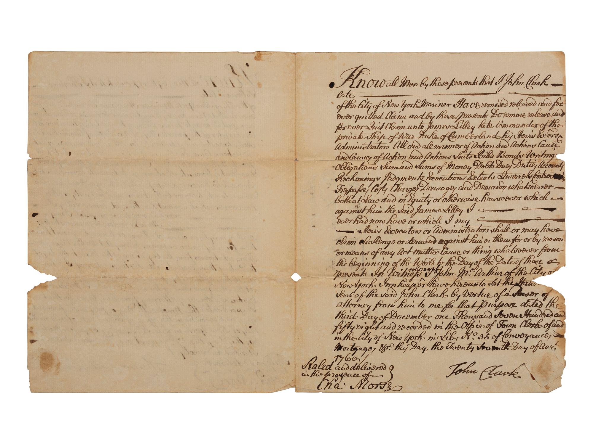 [FRENCH & INDIAN WAR] -- [PRIVATEERS]. A group of 5 documents associated with New York Privateer Captain James Lilley and the British ship he commanded during the French and Indian War, the Duke of Cumberland .