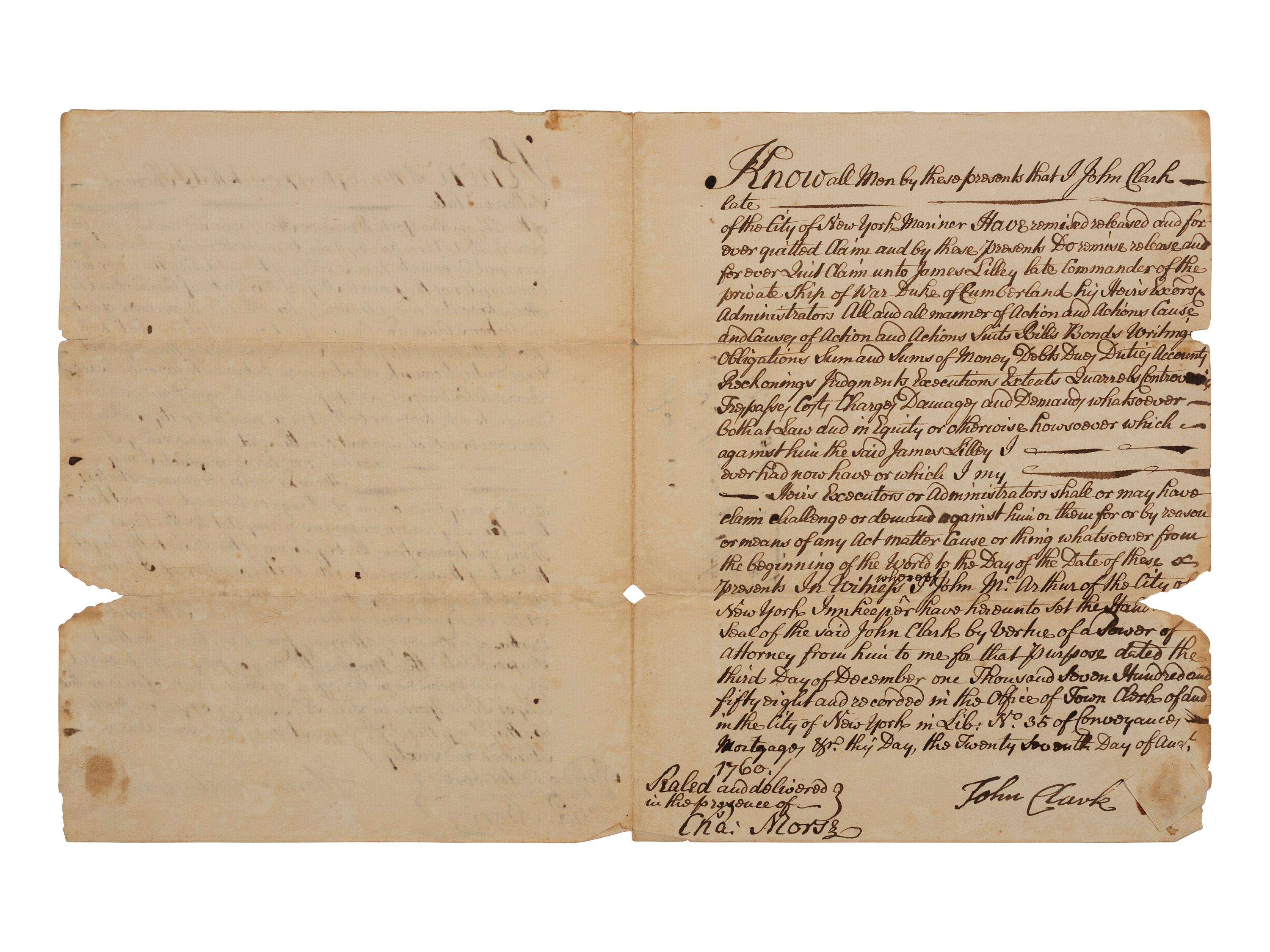 [FRENCH & INDIAN WAR] -- [PRIVATEERS]. A group of 5 documents associated with New York Privateer Captain James Lilley and the British ship he commanded during the French and Indian War, the Duke of Cumberland .