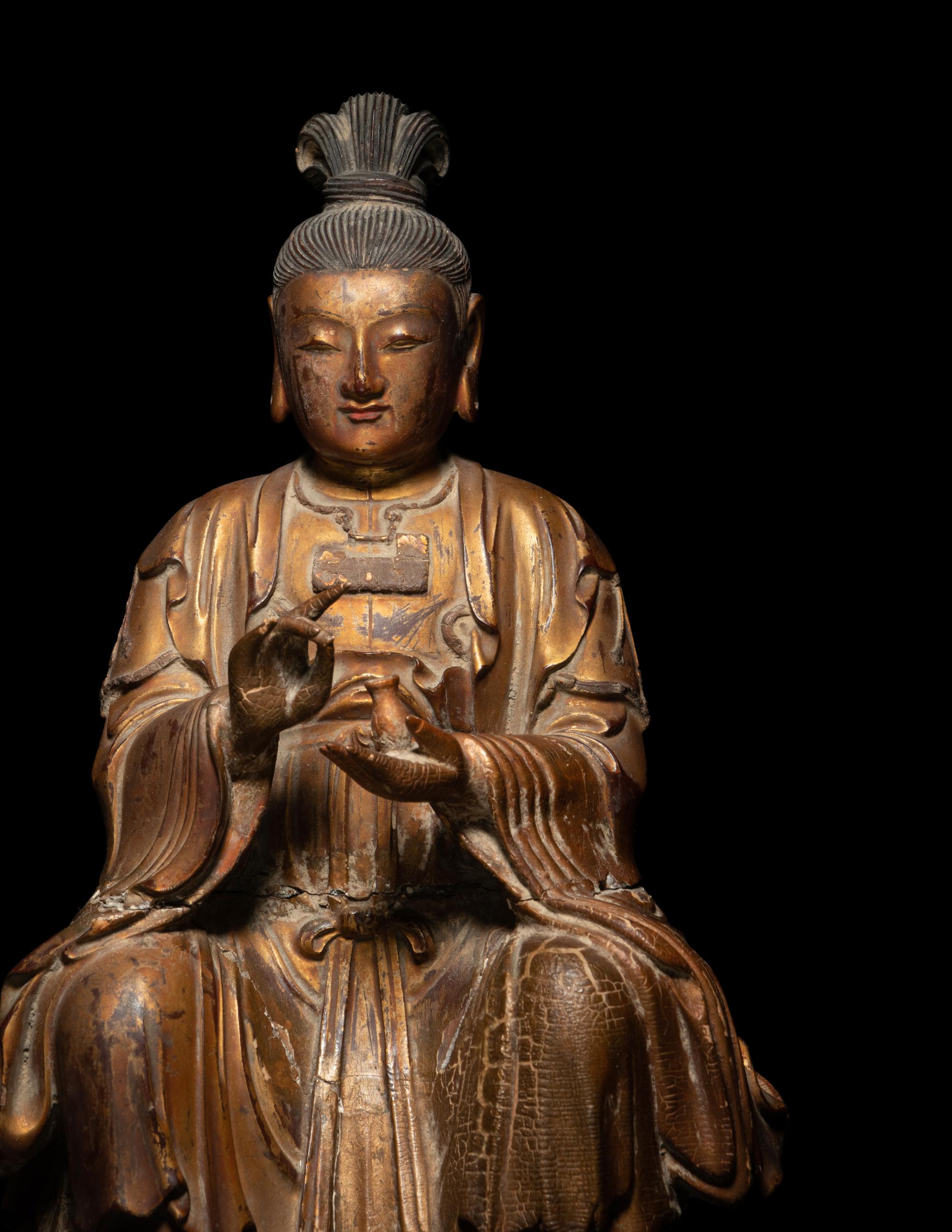 A Chinese Gilt Lacquered Wood Figure of Guanyin