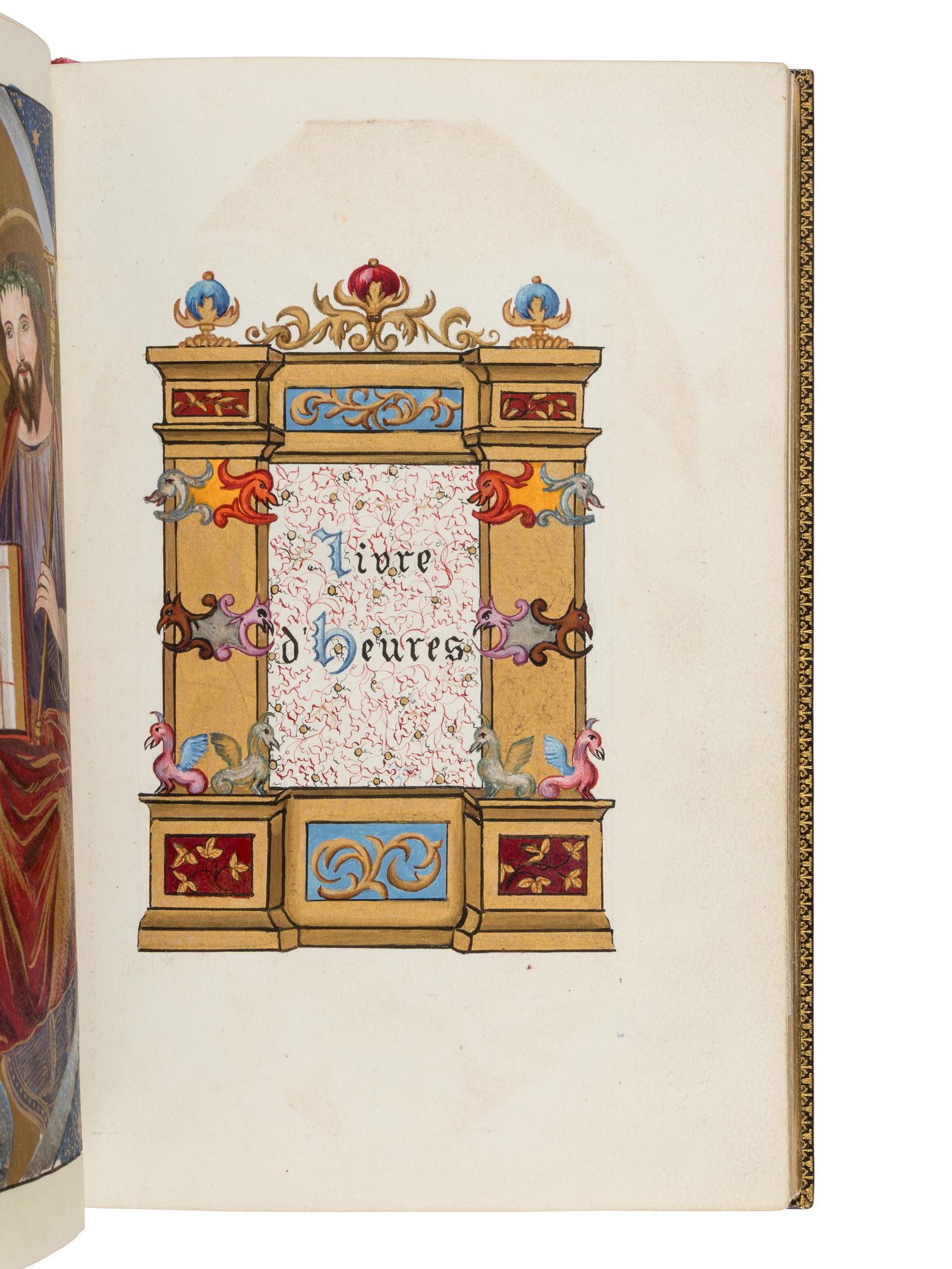 GOTHIC REVIVAL MANUSCRIPT Livre d’Heures [Marriage book offered on the occasion of the wedding of Paul Champion with Julie Rayel, 14 February 1882: “14 février Julie Rayel unie à Paul Champion 1882” ] in French, illuminated manuscript on paper, with illuminated and historiated bracket borders and seven full-page miniatures, France, Paris, c. 1882 (or little before).