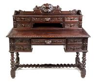 A Renaissance Revival Carved Oak Writing Desk Height 46 x width 51 1/4 x depth 26 inches. — LATE 19TH CENTURY