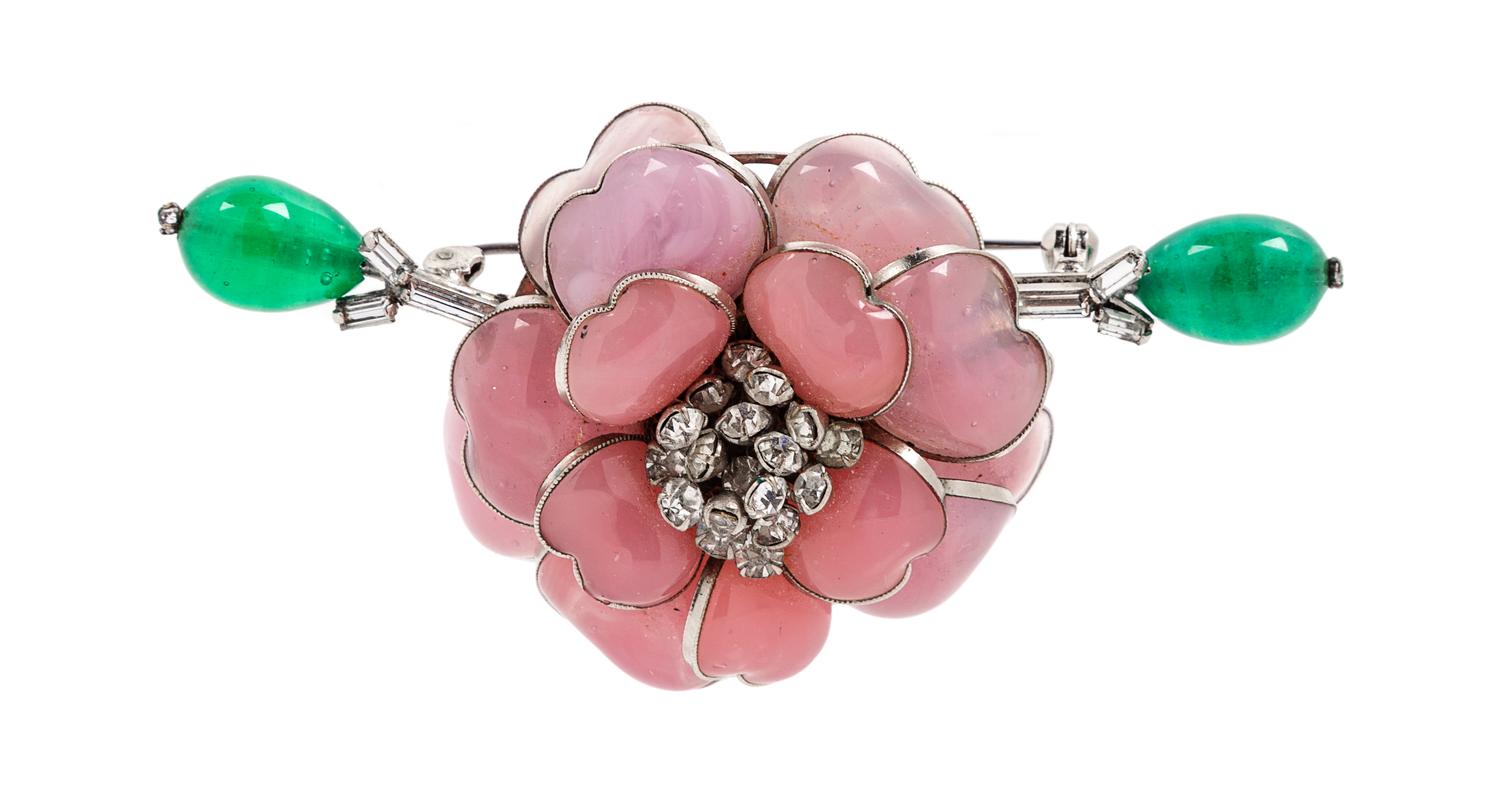 A Pink Gripoix Camelia Brooch. 3.5" L x 2" W.