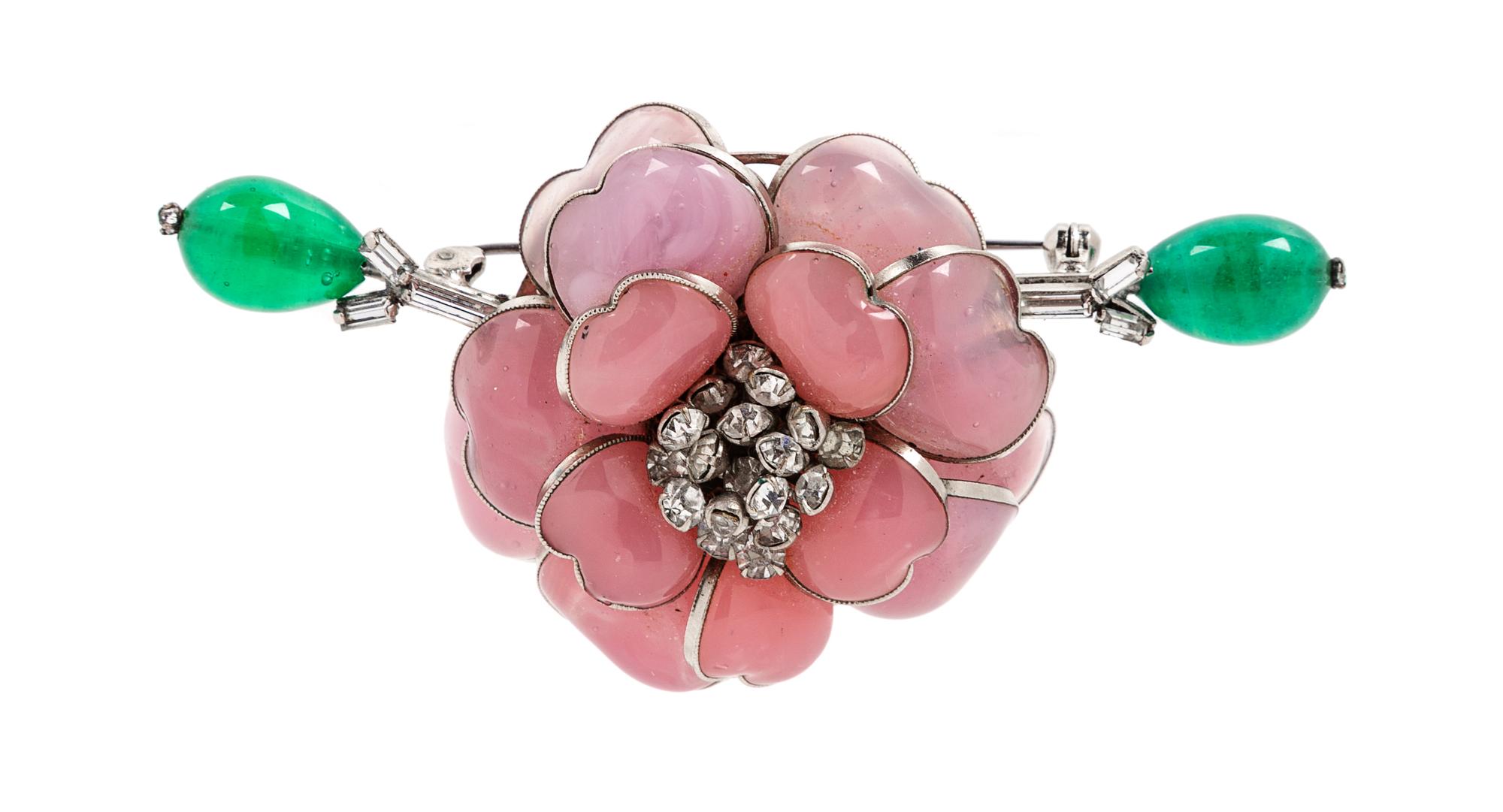 A Pink Gripoix Camelia Brooch. 3.5" L x 2" W.