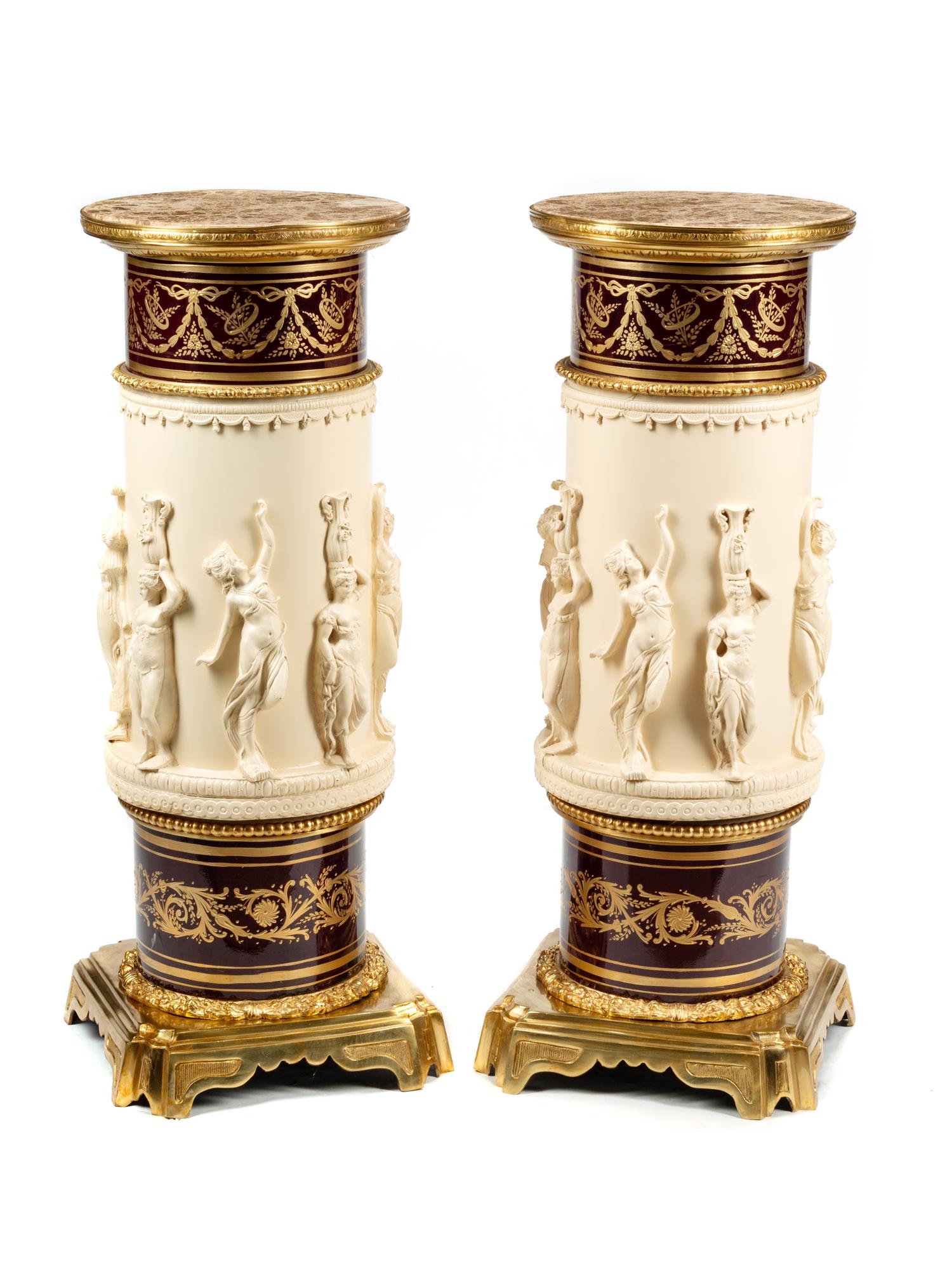 A Pair of Gilt Bronze Mounted Composition and Painted Metal Marble-Top Pedestals