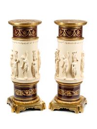 A Pair of Gilt Bronze Mounted Composition and Painted Metal Marble-Top Pedestals