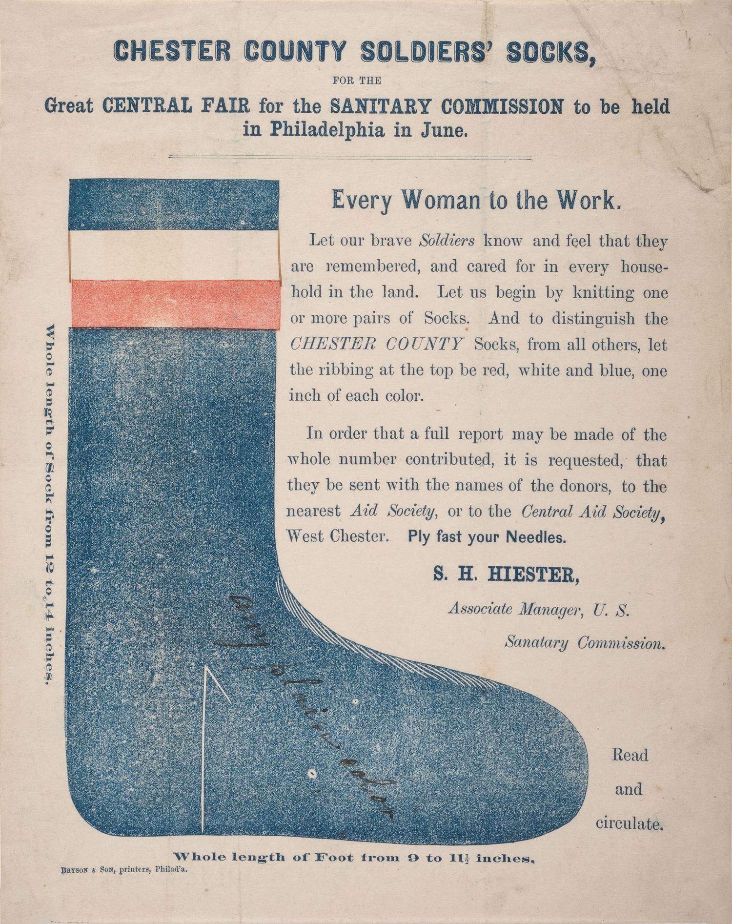 Civil War broadside calling on women to knit socks for soldiers. Philadelphia: Bryson & Son, printers, [ca 1864]. With related images.