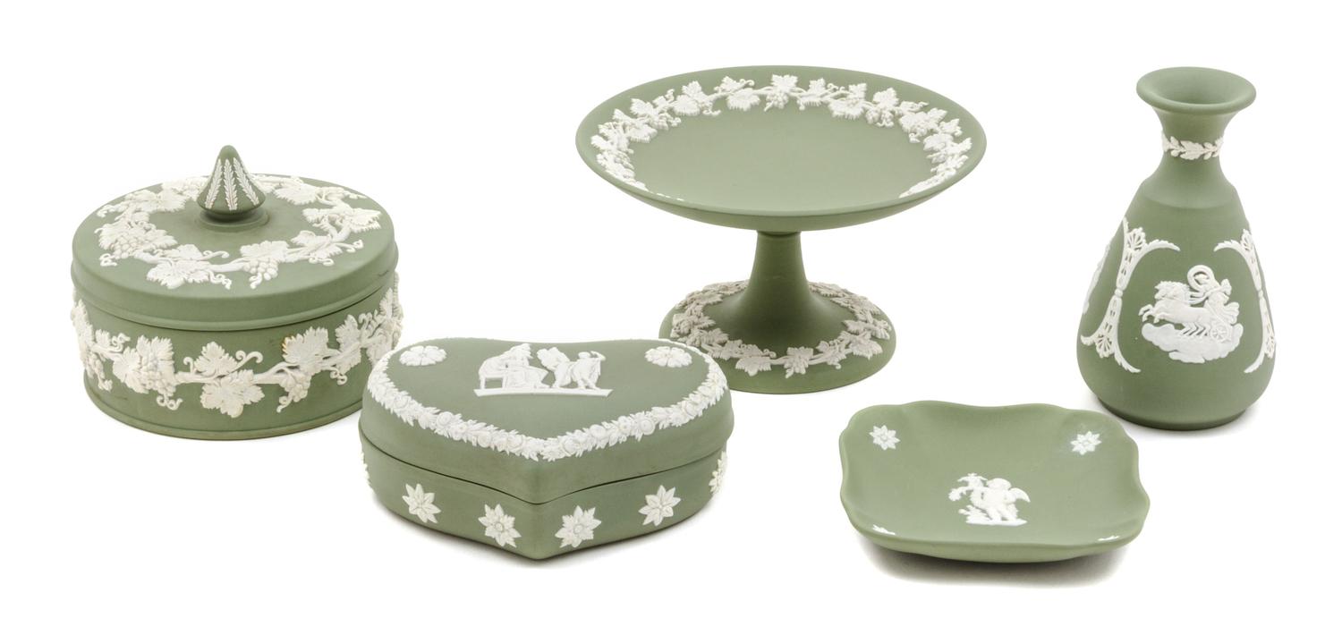 A Group of Five Wedgwood Jasperware Table Articles Diameter of compote 6 1/4 inches. — 20TH CENTURY