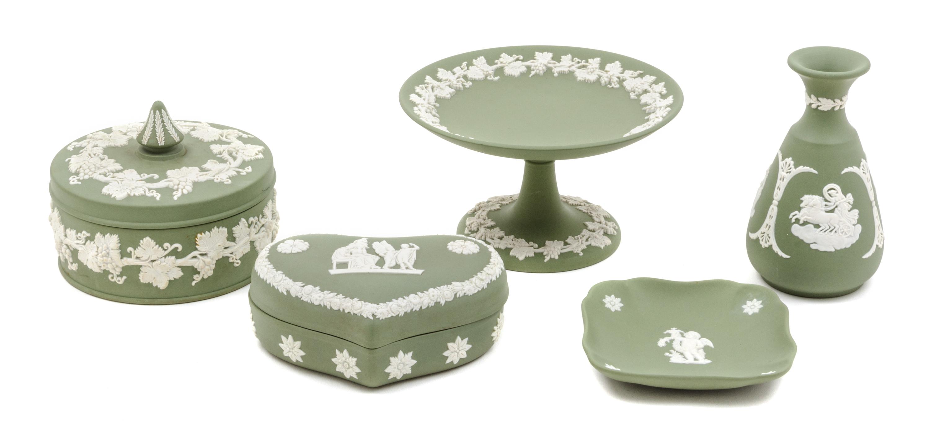 A Group of Five Wedgwood Jasperware Table Articles Diameter of compote 6 1/4 inches. — 20TH CENTURY