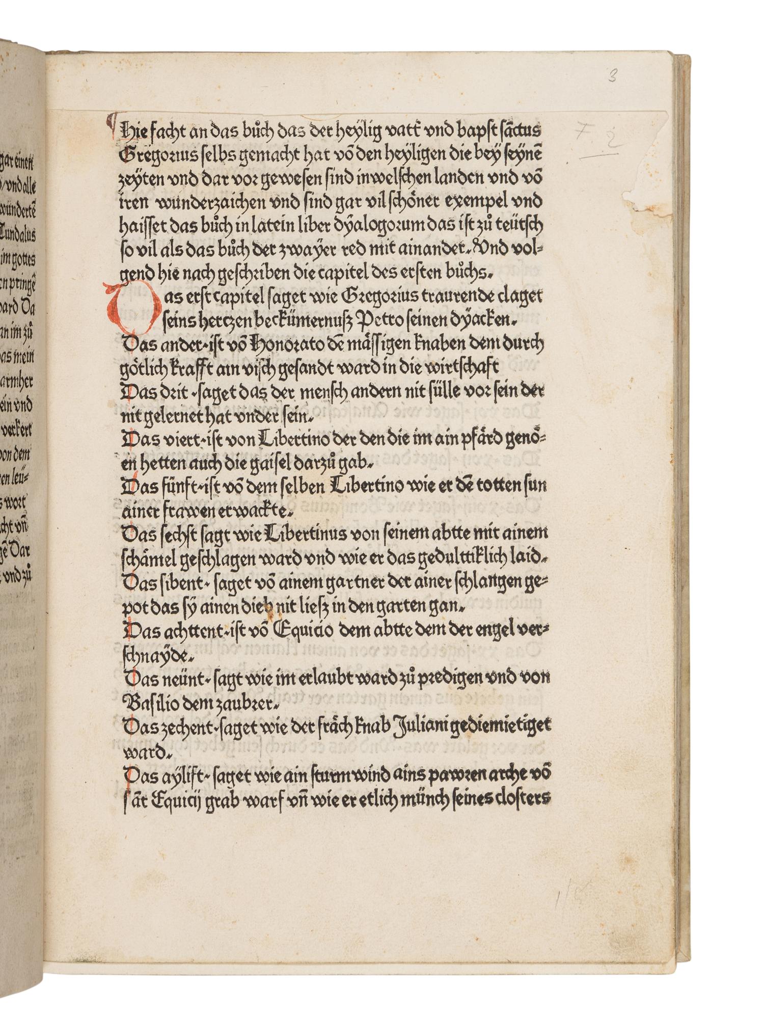 GREGORIUS I (Saint, c.540-604). Dialogorum libri quattuor , in German: Das buch der zwayer red mit ainander . Edited by Johannes von Speyer, with 5 other texts in German: TUNDALUS. De eius visio, sive de raptu animae: Die Gesicht Tundali . - BEDA. V isio Fursei: Das Wunderzeichen des Bishof Forsee . - Speculum mundi: Spiegel der Welt . - Ars moriendi: Kunst des Sterbens . - Cordiale quattuor novissimorum: Die vier letzte Dinge . [Augsburg: Johann Bamler at the Monastery of SS. Ulrich and Afra], 1473.